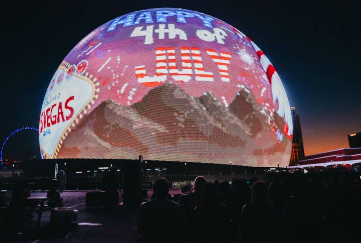 A drawing made by a Clark County student is displayed on the Sphere on Thursday, July 4, 2024, ...