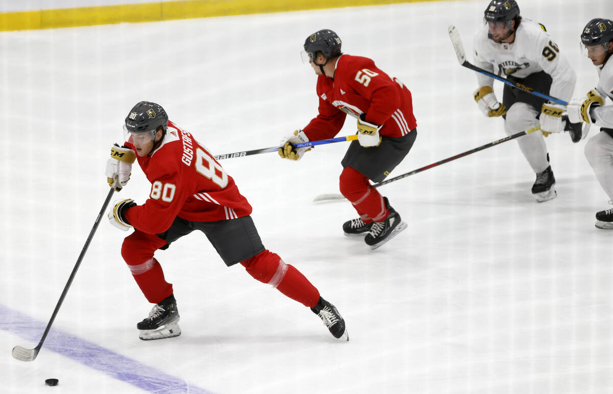 Golden Knights defenseman Lukas Gustafsson (80) forwards Garrett Schifksy (50) Mikael Huchette ...