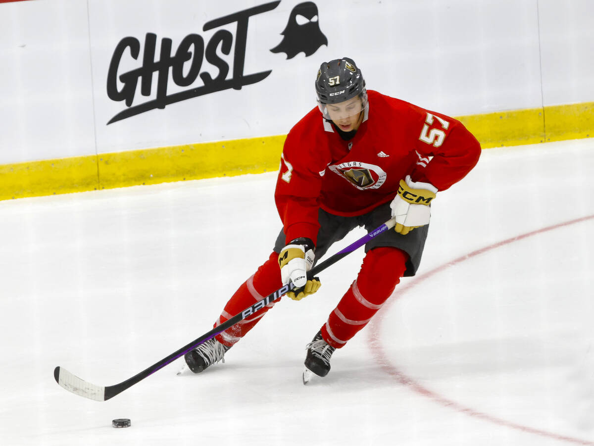 Golden Knights forward Jack Stockfish (57) controls the puck during team's development camp at ...