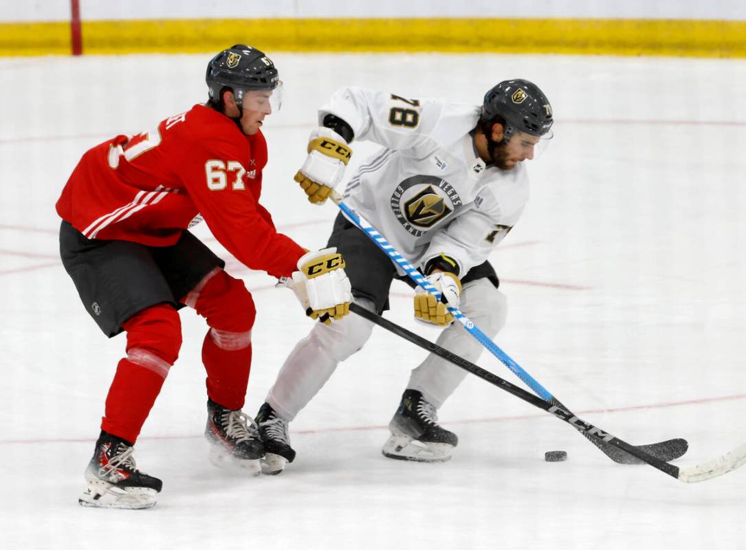 Golden Knights forwards Lucas Van Vliet (67) and Harrison Scott (78) fight for the loose puck d ...