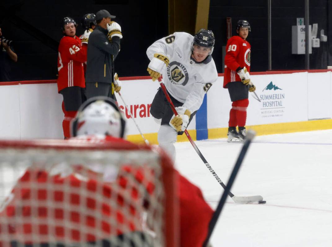 Golden Knights forward Tyler Kopff (56) shoots the puck during team's development camp at City ...