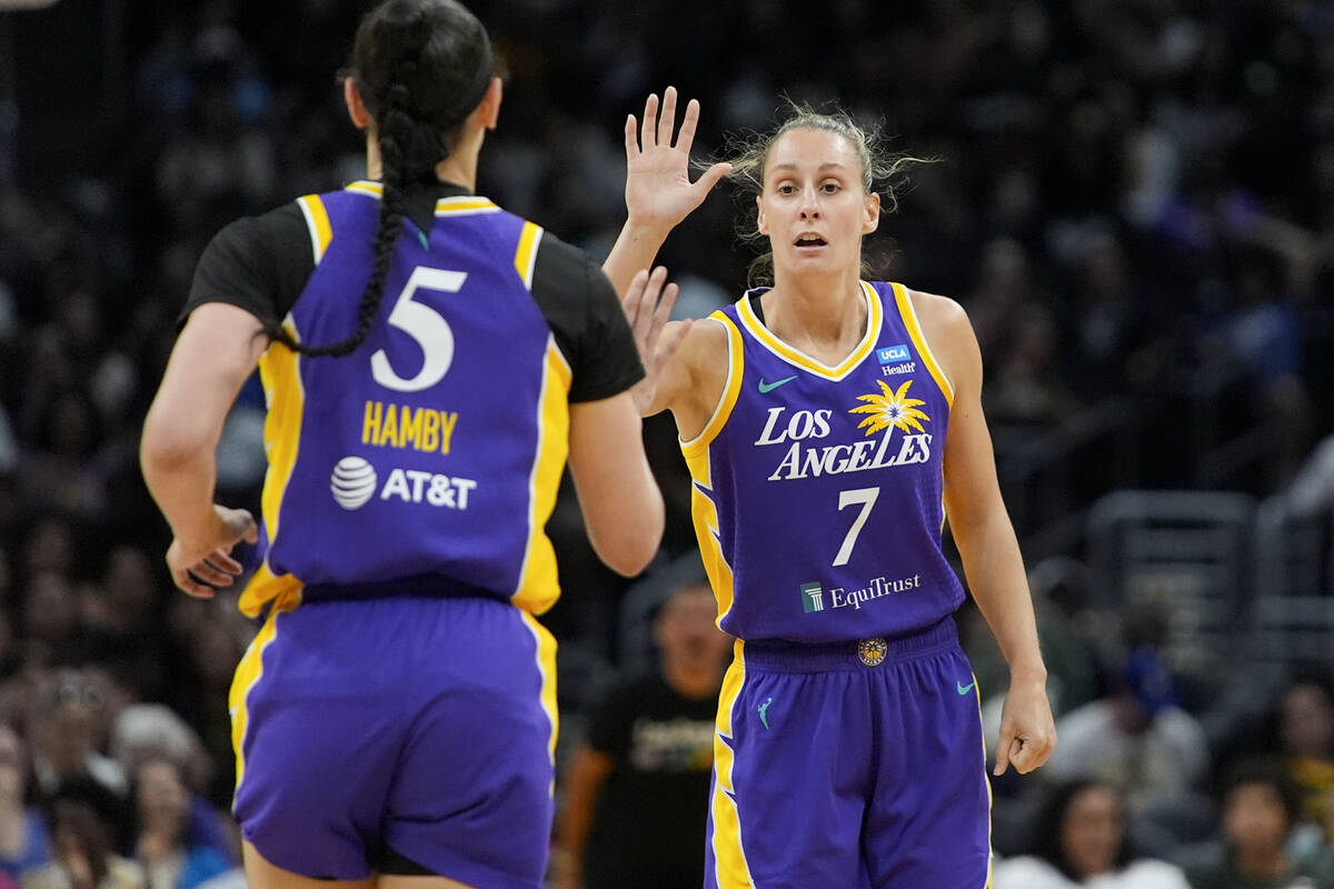 Los Angeles Sparks forward Stephanie Talbot, right, high-fives forward Dearica Hamby during the ...