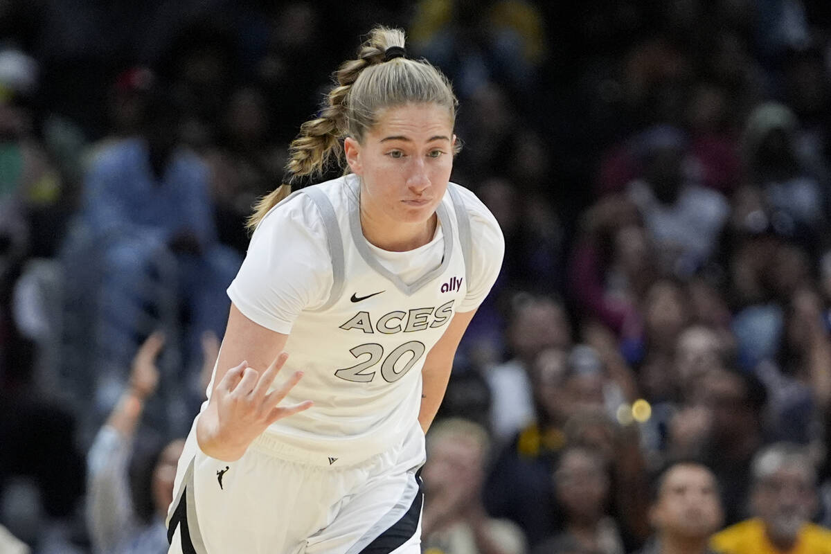 Las Vegas Aces guard Kate Martin celebrates after her three-point basket during the first half ...