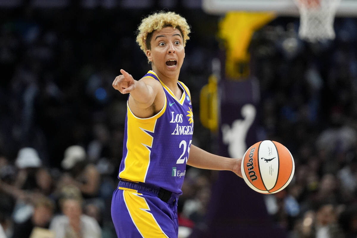 Los Angeles Sparks guard Layshia Clarendon gestures during the first half of a WNBA basketball ...