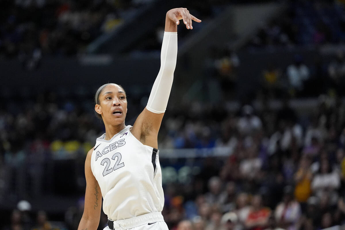 Las Vegas Aces center A'ja Wilson watches her shot during the second half of a WNBA basketball ...