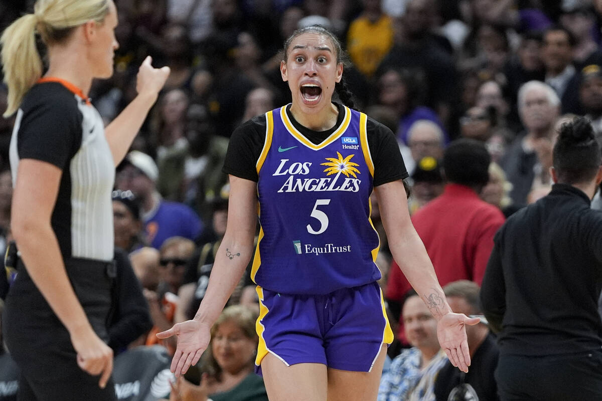 Los Angeles Sparks forward Dearica Hamby reacts during the second half of a WNBA basketball gam ...