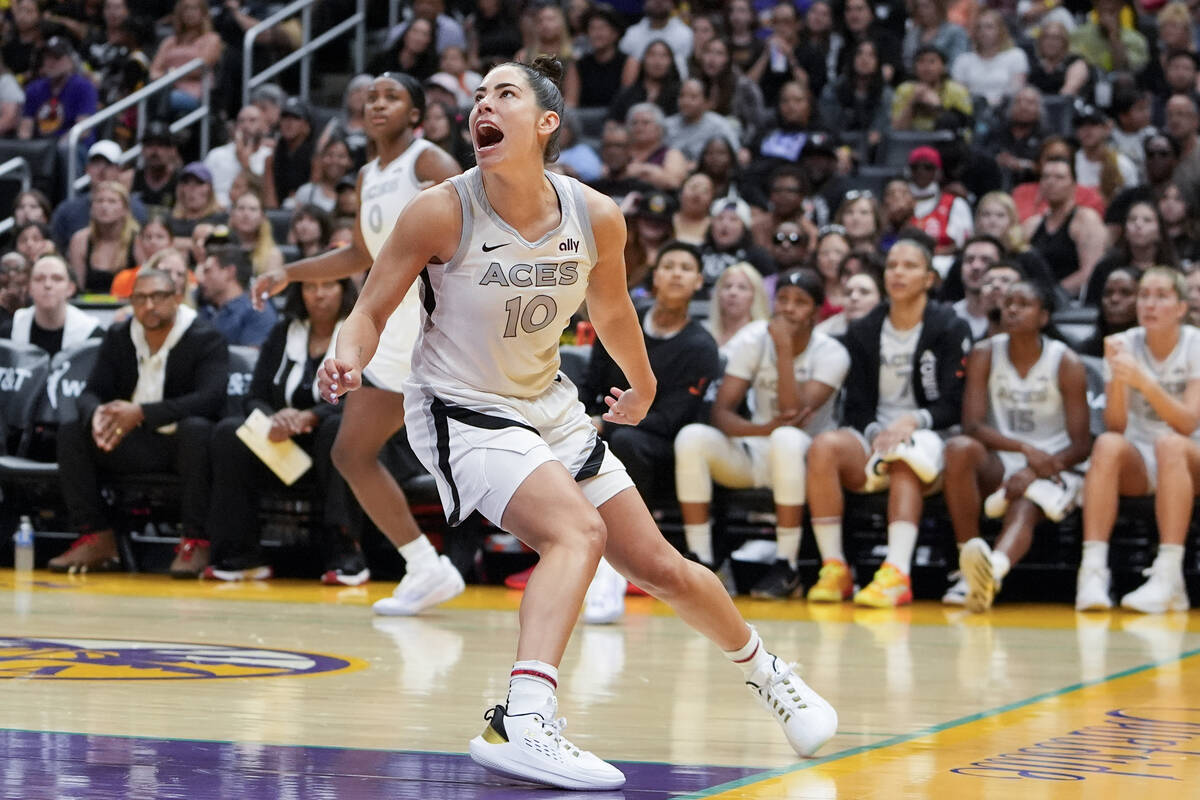 Las Vegas Aces guard Kelsey Plum reacts after a shot during the second half of a WNBA basketbal ...