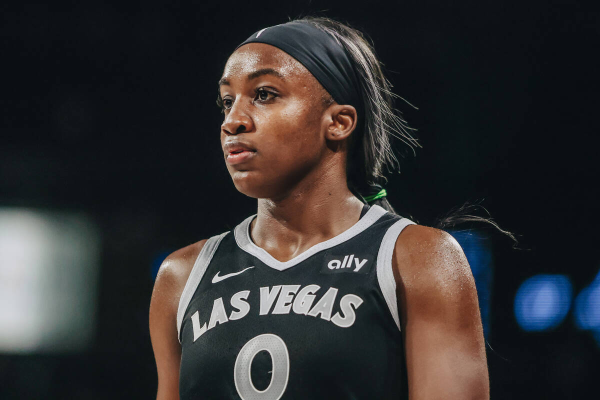 Aces guard Jackie Young (0) is seen during a WNBA basketball game between the Aces and the Dall ...