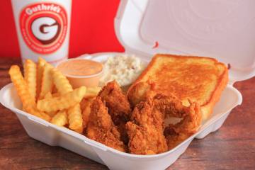 A fried chicken finger box with Texas toast, fries and coleslaw from Guthrie's, the chain set t ...
