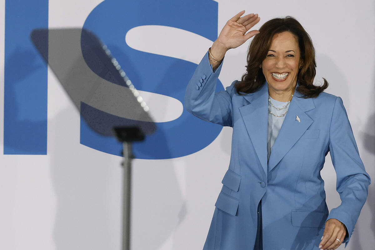 Vice President Kamala Harris waves to the crowd as she takes the stage prior to speaking at a p ...