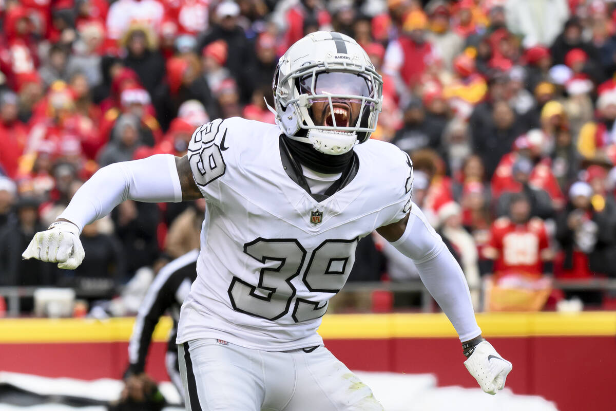 Las Vegas Raiders cornerback Nate Hobbs celebrates a defensive stop against the Kansas City Chi ...