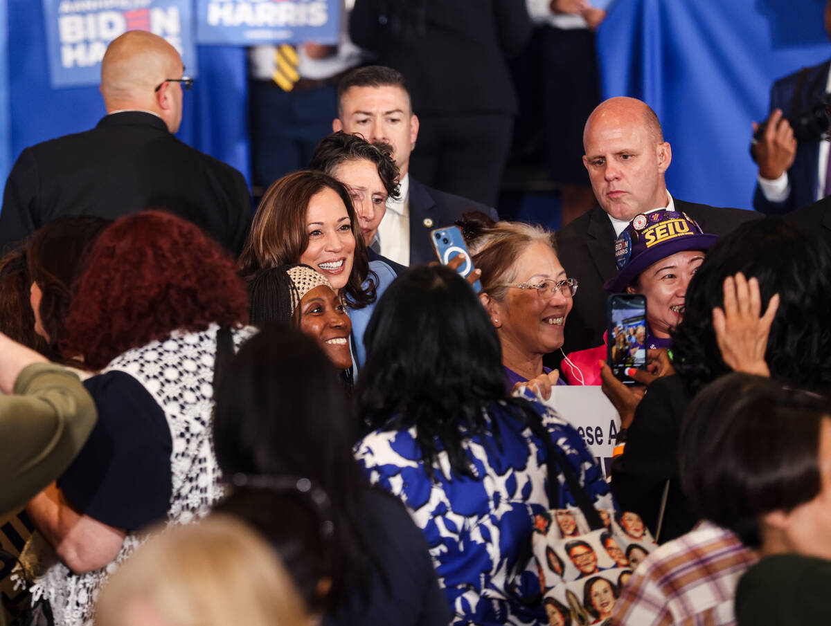 Vice President Kamala Harris greets supporters following her speech at a campaign event at Reso ...