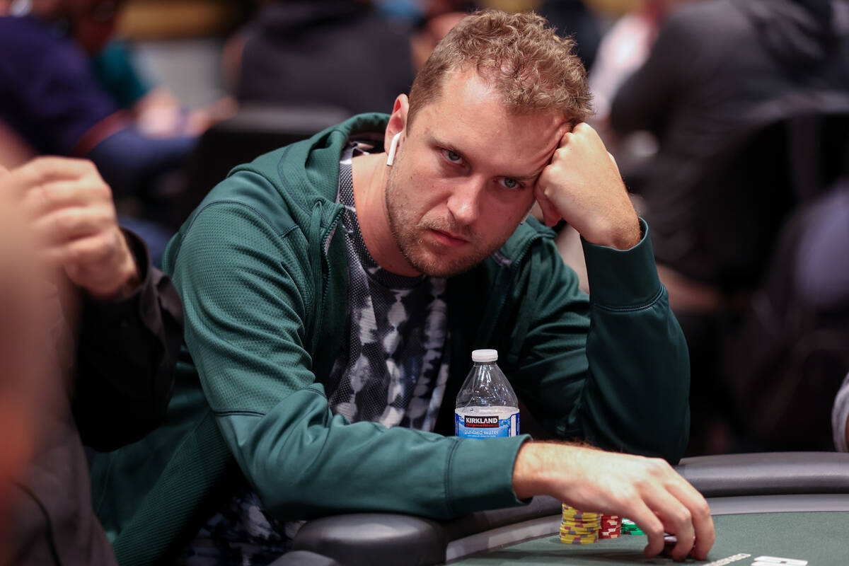 Ryan Riess eyes his opponents during the World Series of Poker main event at Paris Las Vegas on ...