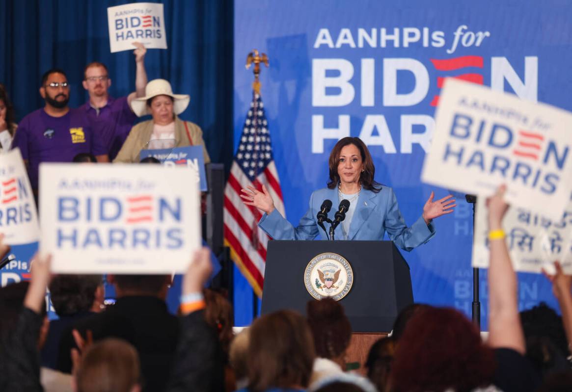 Vice President Kamala Harris addresses supporters at a campaign event at Resorts World Las Vega ...