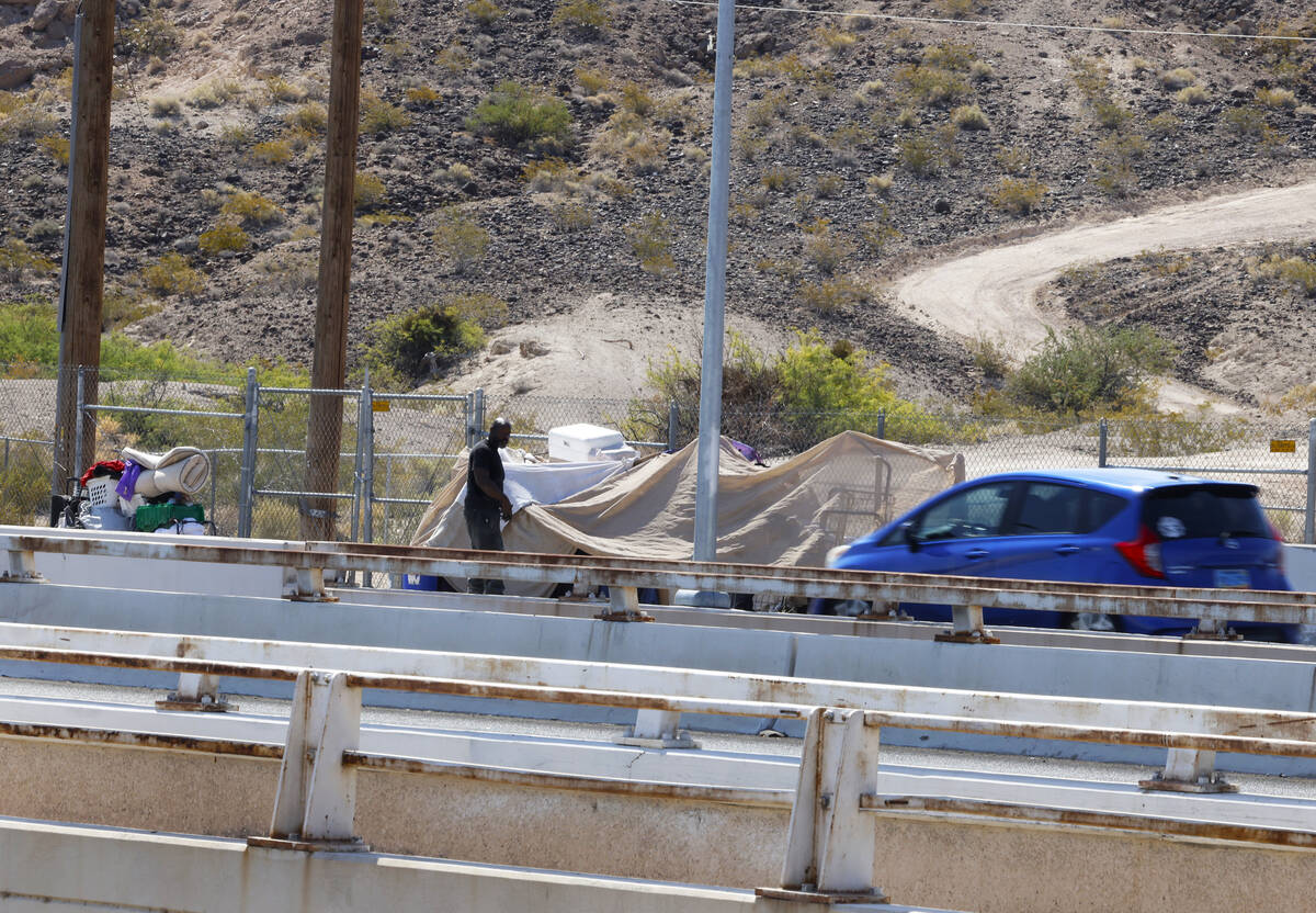 Homeless encampment is seen on the bridge near Mountain Vista Street and Russel Road wash, on T ...