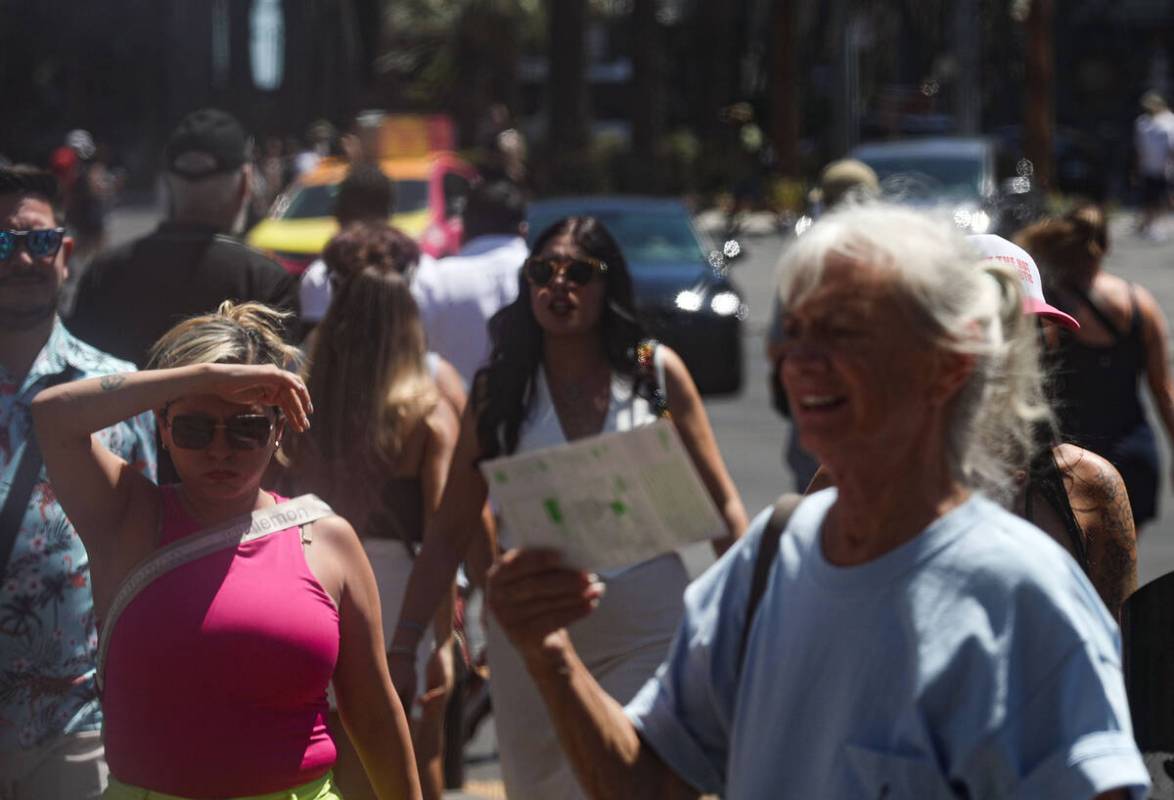 Tourists walk the Strip in Las Vegas, Sunday, July 7, 2024. (Rachel Aston/Las Vegas Review-Jour ...