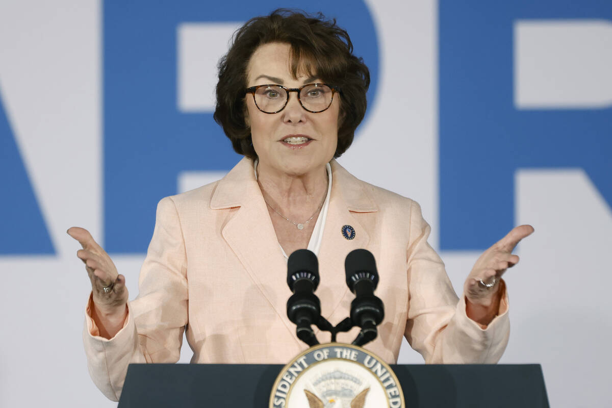 Sen. Jacky Rosen speaks at a campaign rally attended by Vice President Kamala Harris on Friday, ...
