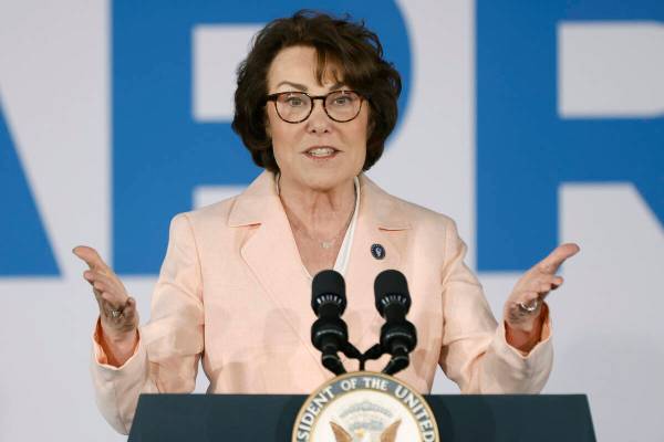 Sen. Jacky Rosen speaks at a campaign rally attended by Vice President Kamala Harris on Friday, ...