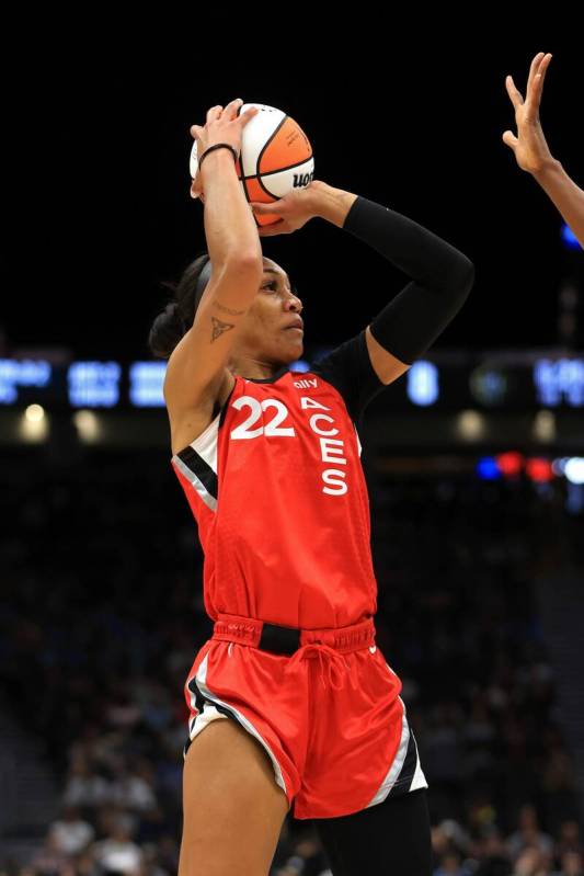 Aces forward A'ja Wilson puts up a shot against the Seattle Storm on Wednesday, July 10, 2024, ...