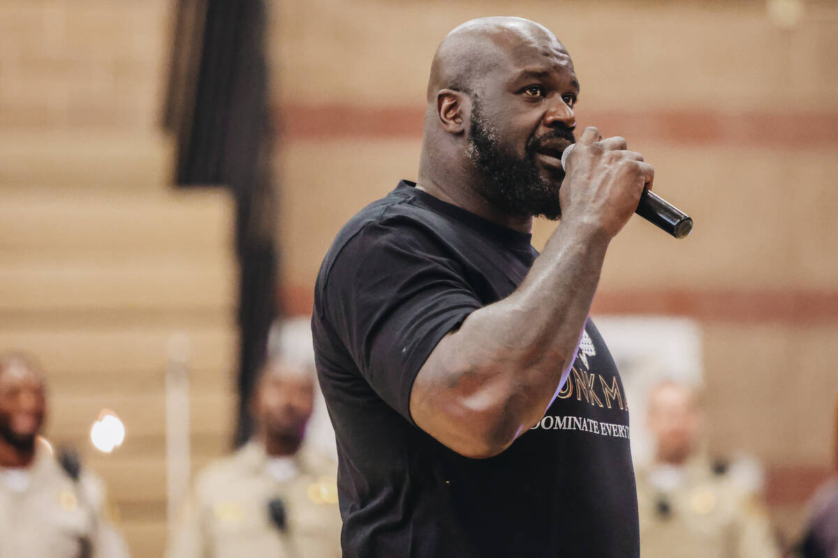 Shaquille O’Neal speaks to a crowd of children during a press conference at the Shaq-to- ...