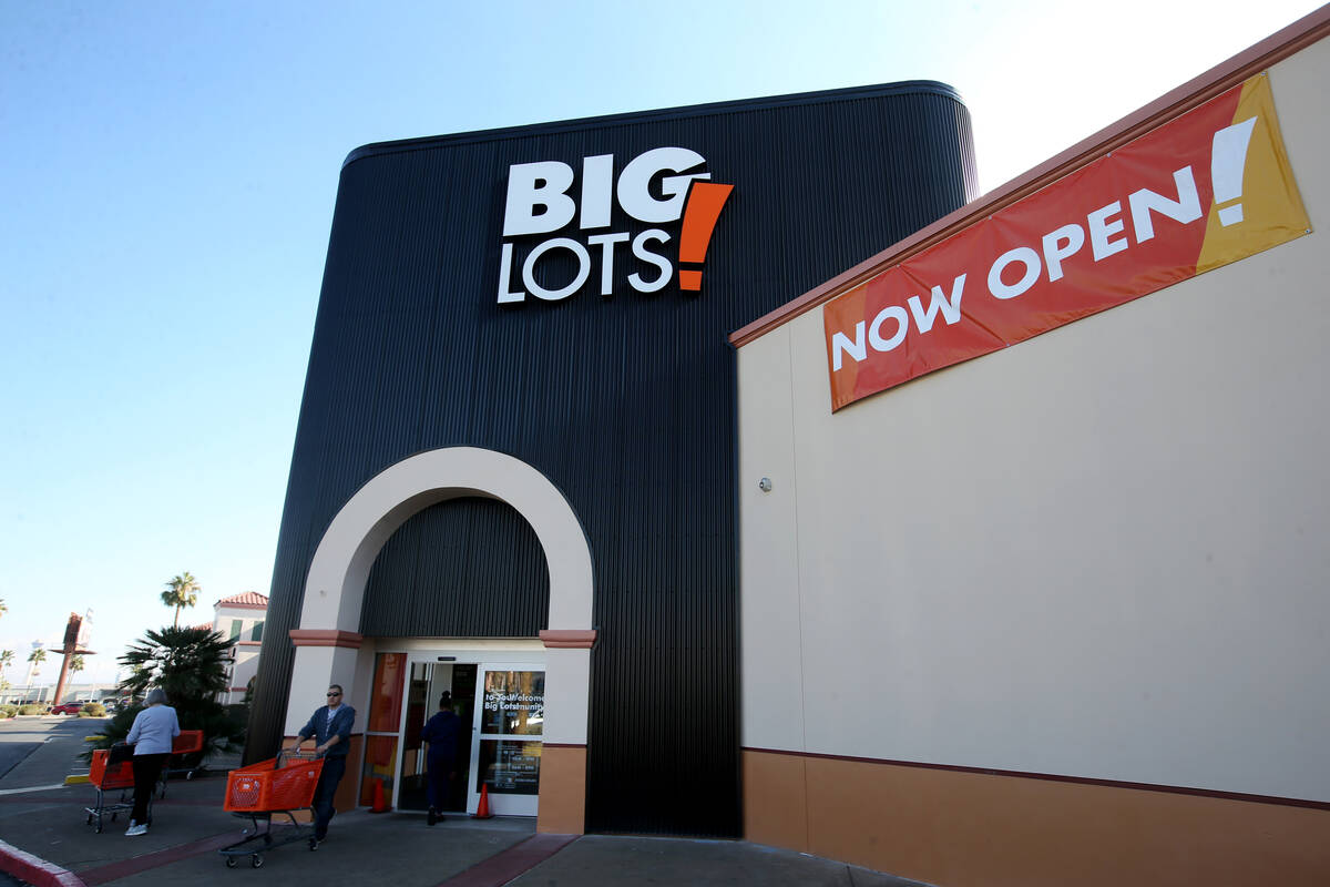 A now open sign is seen at the Big Lots on the corner of Sahara Avenue and Decatur Boulevard in ...