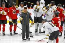 Silver Knights head coach Ryan Craig speaks to players during Golden Knights development camp ...