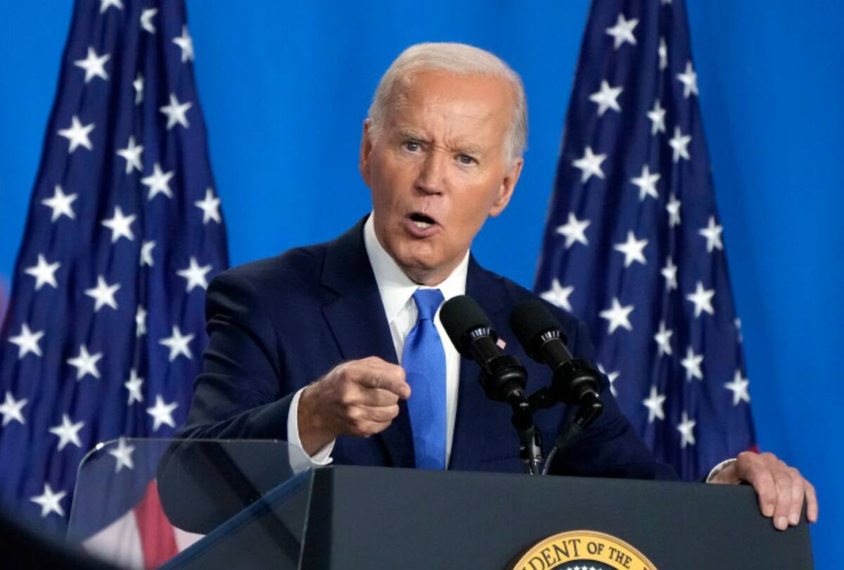 President Joe Biden speaks at a news conference Thursday July 11, 2024, on the final day of the ...