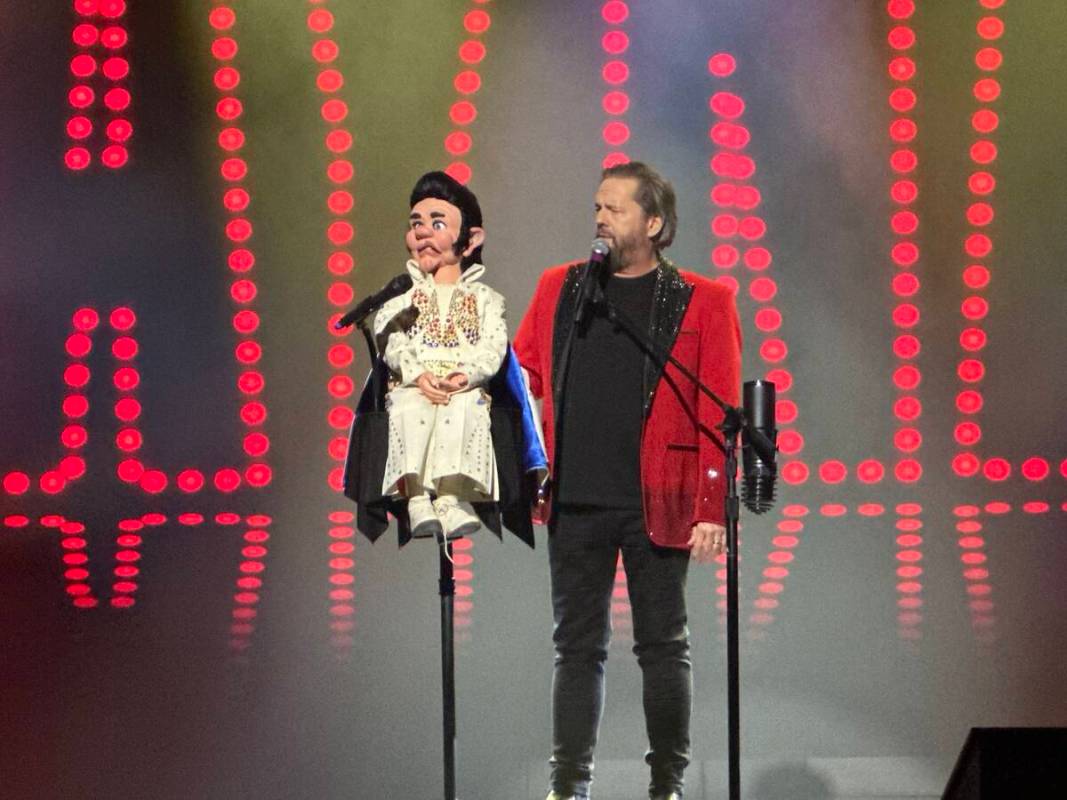 Terry Fator is shown with puppet Maynard Tompkins at The Strat Showroom on Friday, July 6, 2024 ...