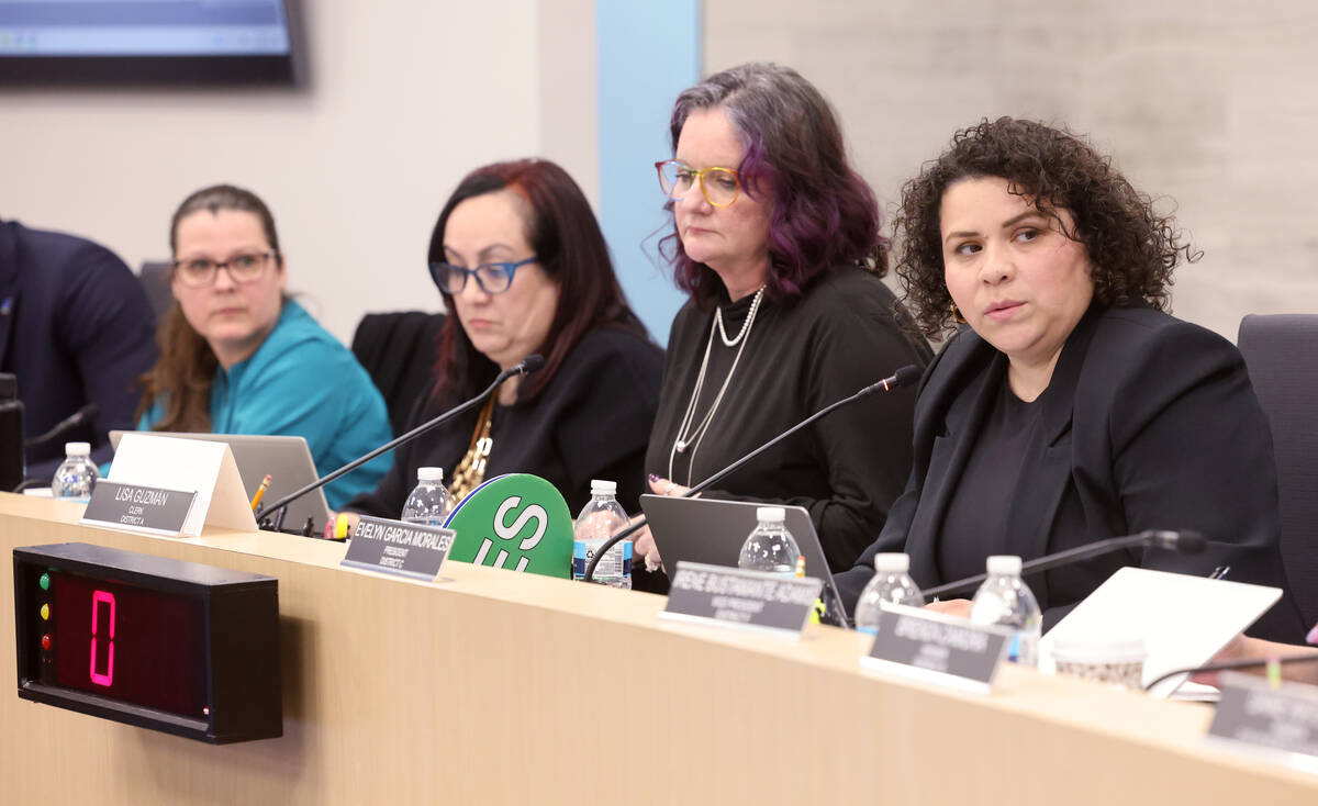 President Evelyn Garcia Morales, right, speaks during a Clark County School Board meeting at th ...