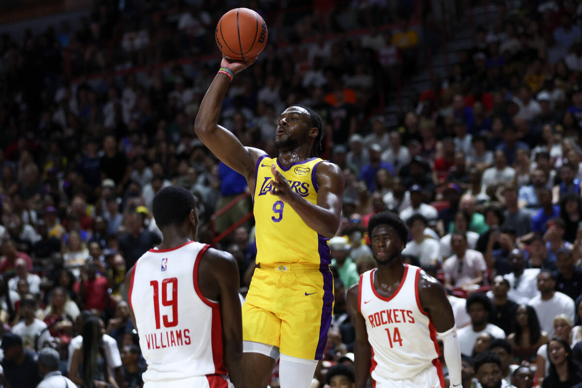 Los Angeles Lakers guard Bronny James Jr. (9) shoots against Houston Rockets forward Nate Willi ...