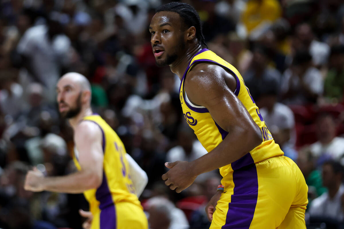 Los Angeles Lakers guard Bronny James Jr. (9) down the court after scoring during the first hal ...