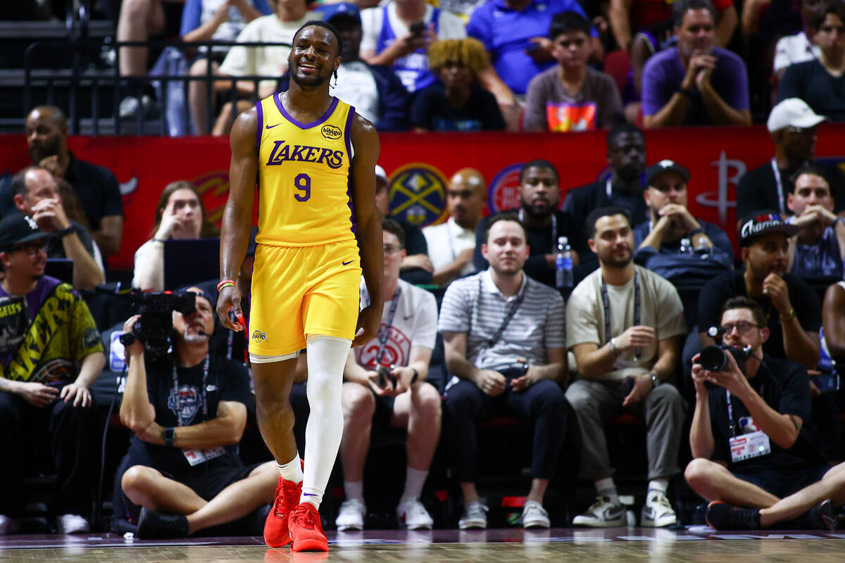 Los Angeles Lakers guard Bronny James Jr. (9) reacts to a referee’s call during the firs ...