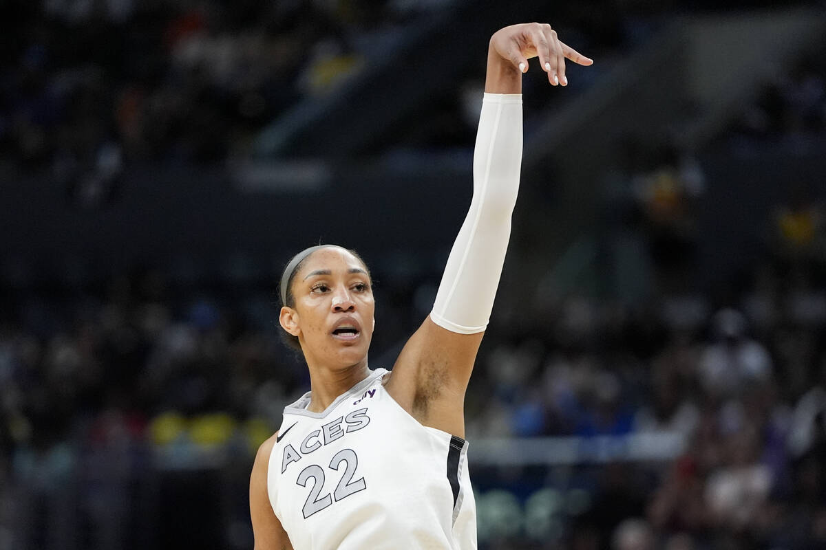 Las Vegas Aces center A'ja Wilson watches her shot during the second half of a WNBA basketball ...