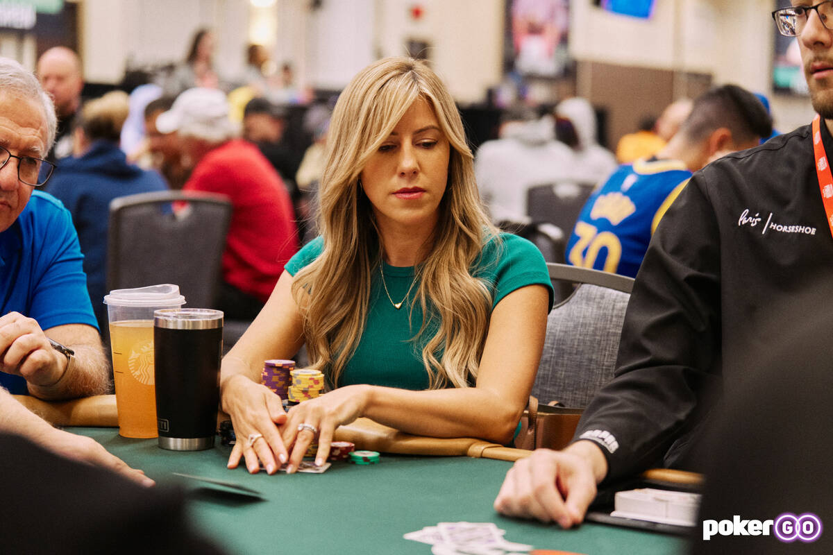 Kristen Foxen, shown on Day 3 of the World Series of Poker $10,000 buy-in No-limit Hold’em Wo ...