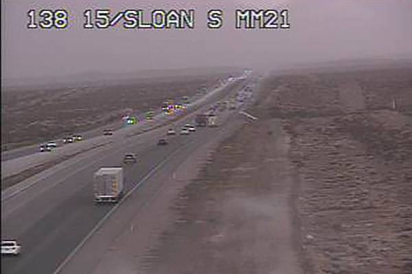 Storm clouds over Interstate 15 near Sloan, Nev., about noon, Sunday, July 14, 2024. (FastCam)