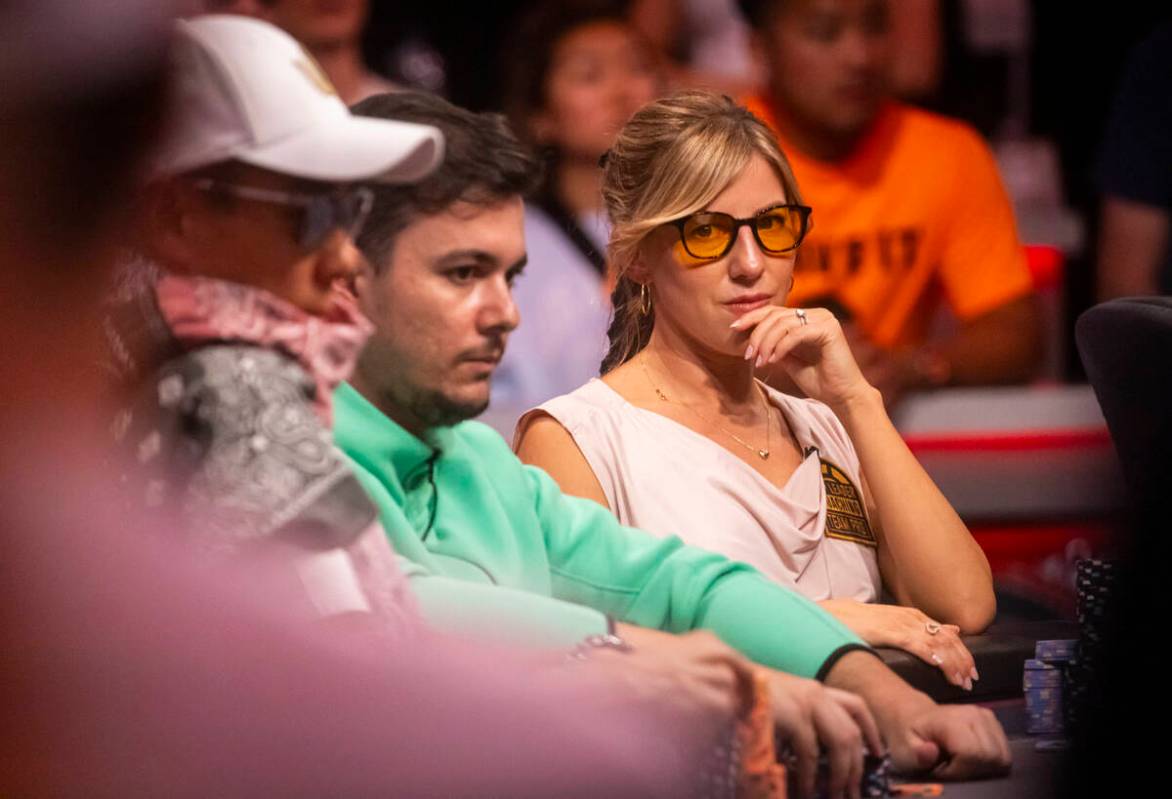 Kristen Foxen, of Canada, looks on as she plays in the final two tables of the World Series of ...