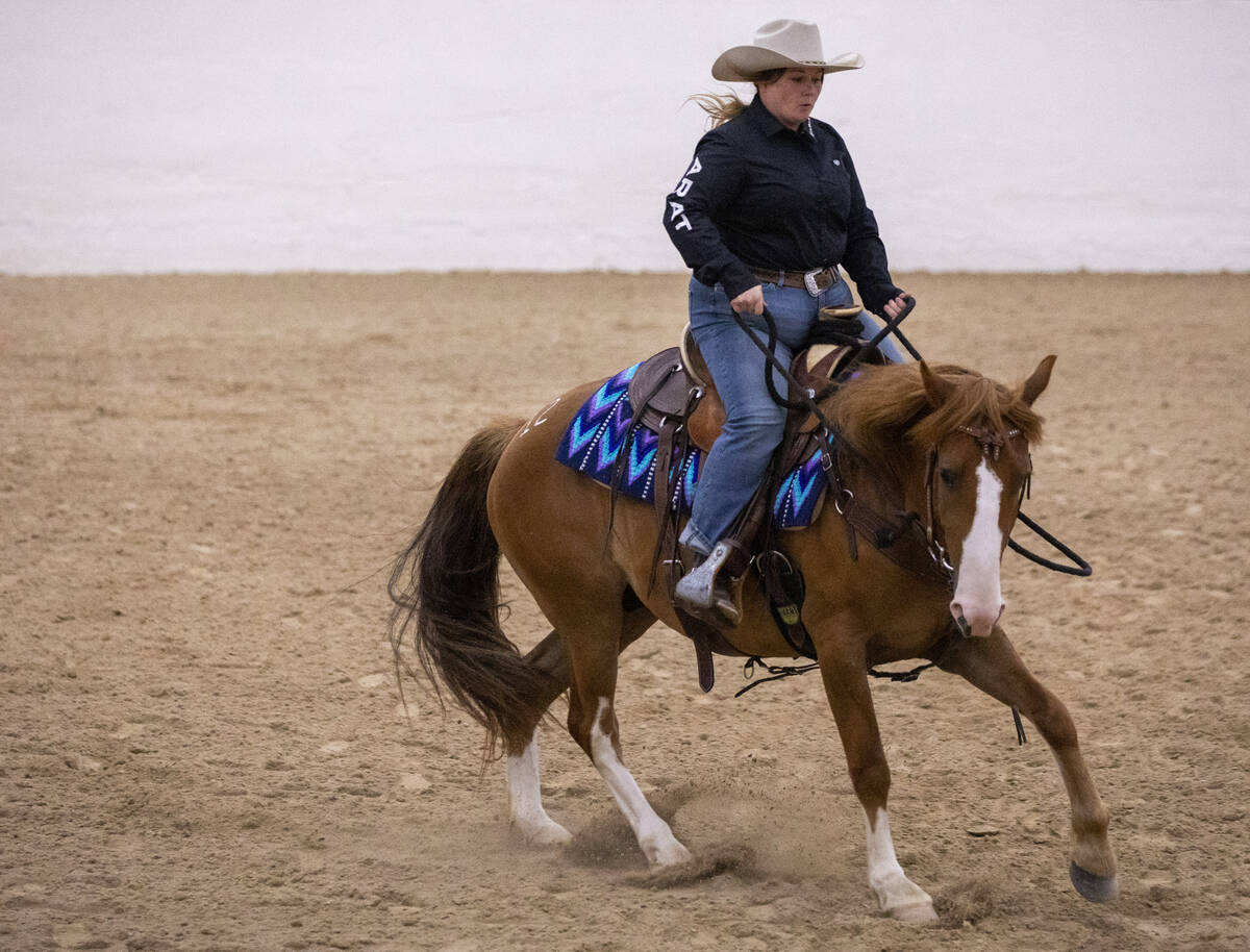 Katrina Geigley, of Mishawaka, Indiana, competes during the Mustang Challenge at South Point Ar ...