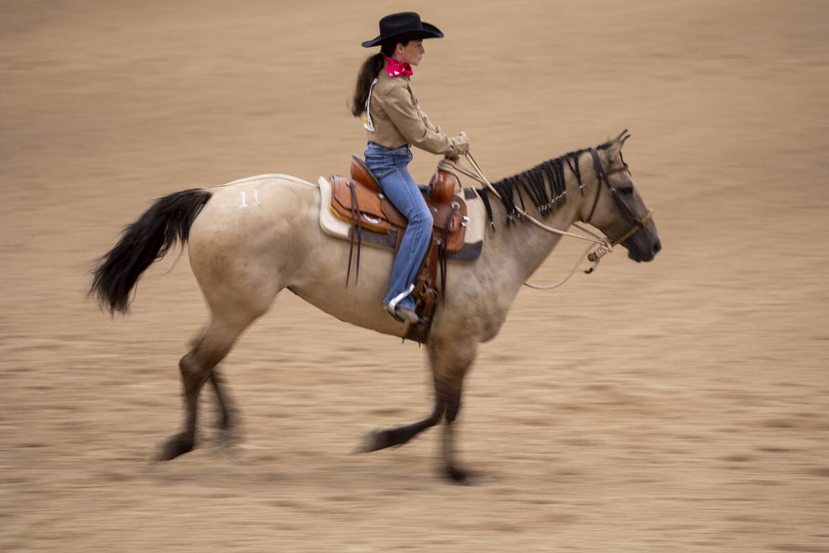 Avery Figgins, of Oroville, California, competes during the Mustang Challenge at South Point Ar ...