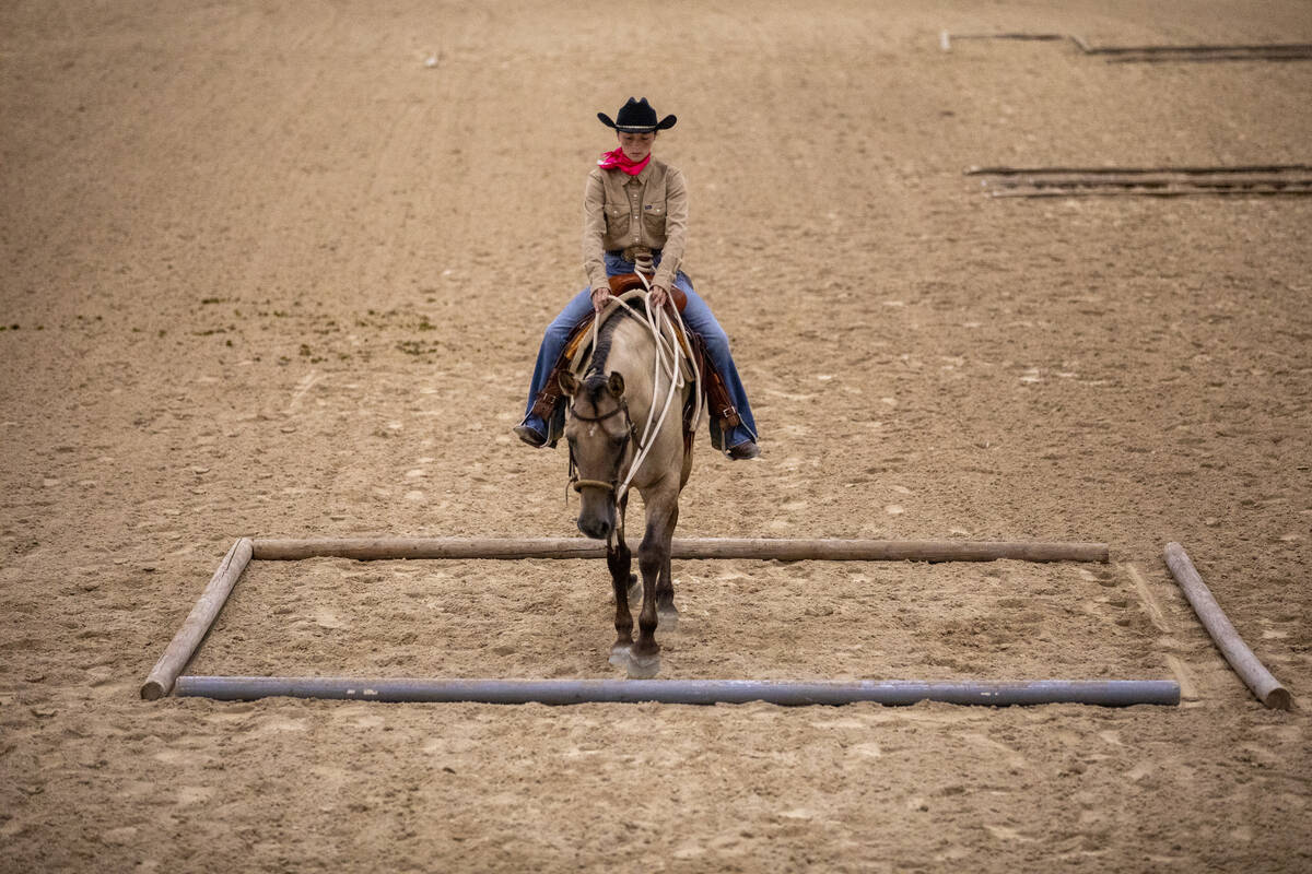 Avery Figgins, of Oroville, California, competes during the Mustang Challenge at South Point Ar ...