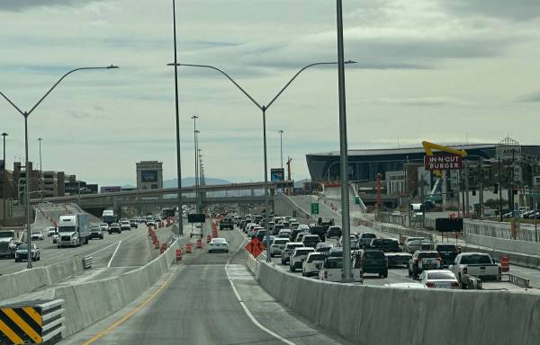 Traffic on Interstate 15 southbound seen from the Harmon Avenue HOV drop lane on-ramp on Feb. 1 ...