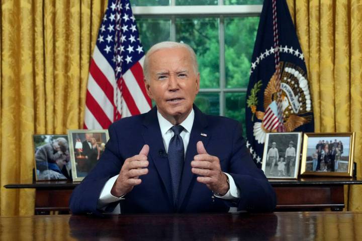 President Joe Biden addresses the nation from the Oval Office of the White House in Washington, ...