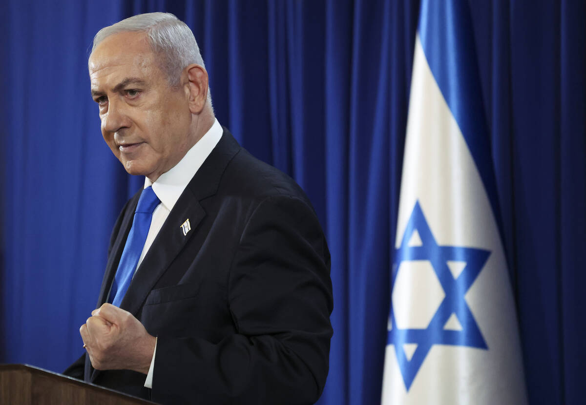 Israeli Prime Minister Benjamin Netanyahu speaks during a press conference in Tel Aviv, Israel, ...