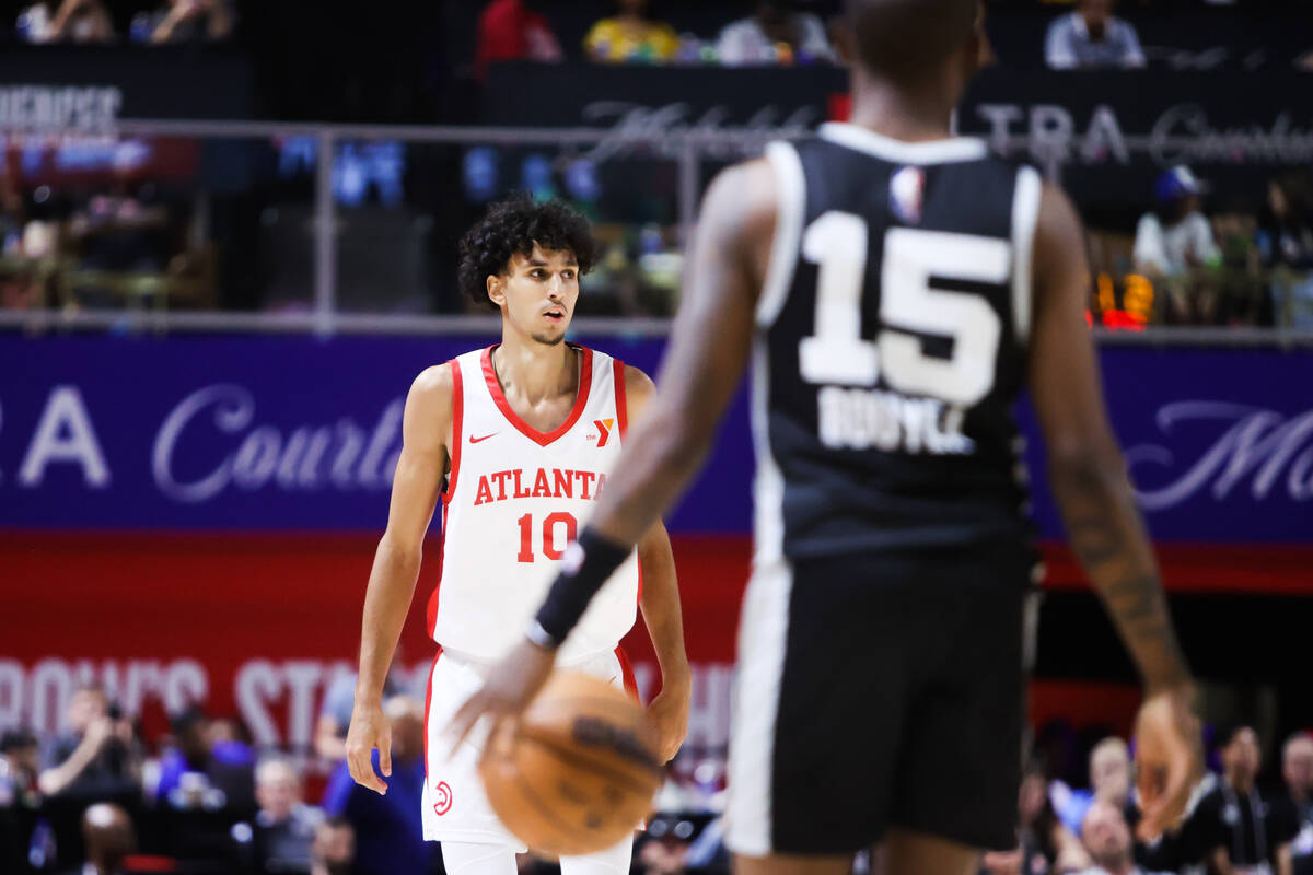 Atlanta Hawks forward Zaccharie Risacher (10) looks to a teammate during an NBA Summer League g ...