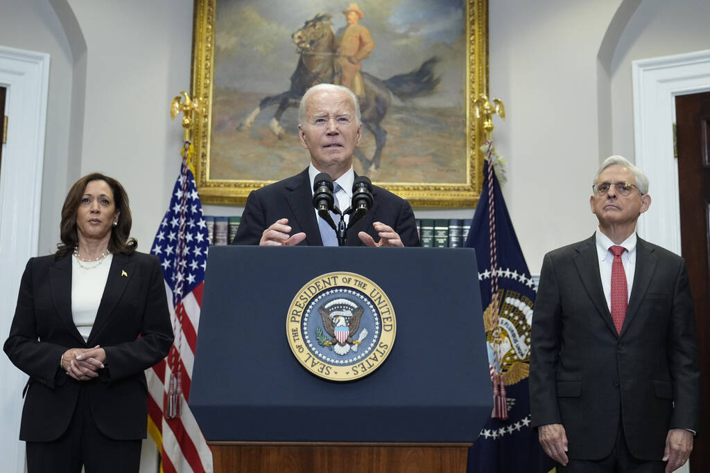 President Joe Biden speaks from the Roosevelt Room of the White House in Washington, Sunday, Ju ...