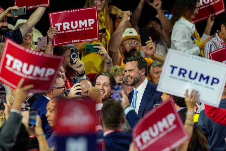 Republican vice presidential candidate Sen. JD Vance, R-Ohio, center, is introduced during the ...