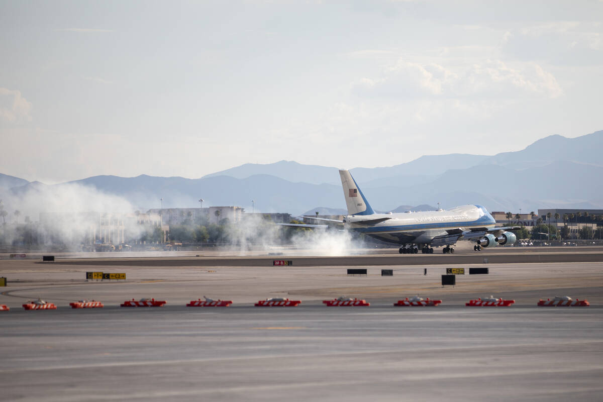 Air Force One lands at Harry Reid International Airport, Monday, July 15, 2024, in Las Vegas. ( ...