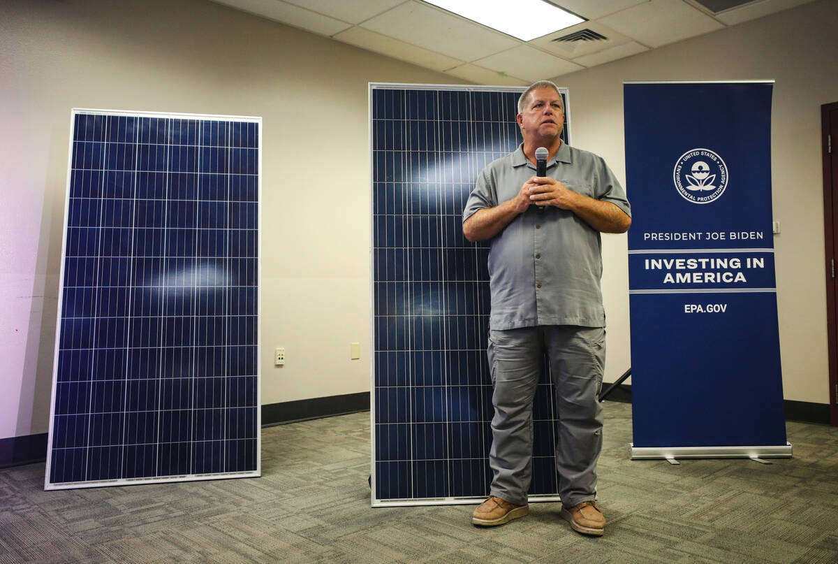 Guy Snow, a board member for the nonprofit Nevada Clean Energy Fund, addresses the crowd in fro ...