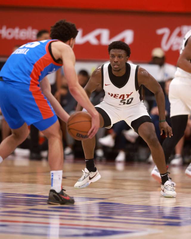 Miami Heat guard Isaiah Stevens (50) defends against Oklahoma City during an NBA Summer League ...