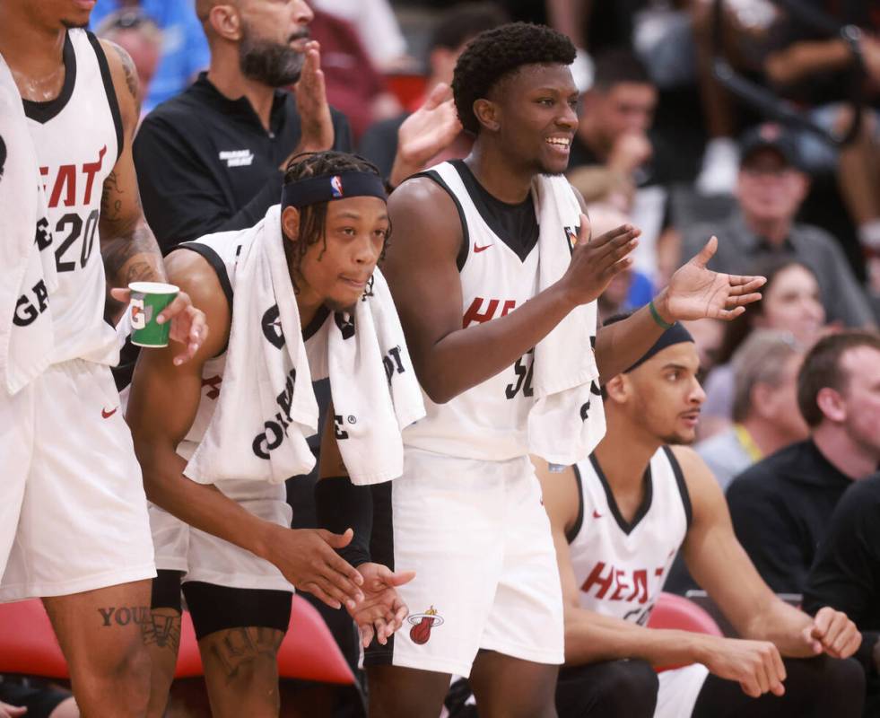 Miami Heat guard Isaiah Stevens (50) cheers his team against Oklahoma City during an NBA Summer ...