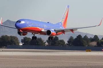 A Southwest Airlines plane prepares to land in Las Vegas. (Bizuayehu Tesfaye/Las Vegas Review-J ...